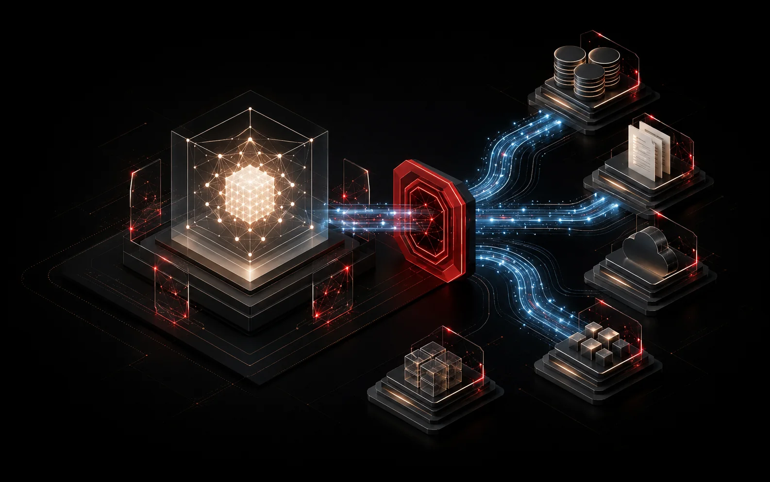 AI system securely connected through an MCP gateway to enterprise databases, documents and cloud tools