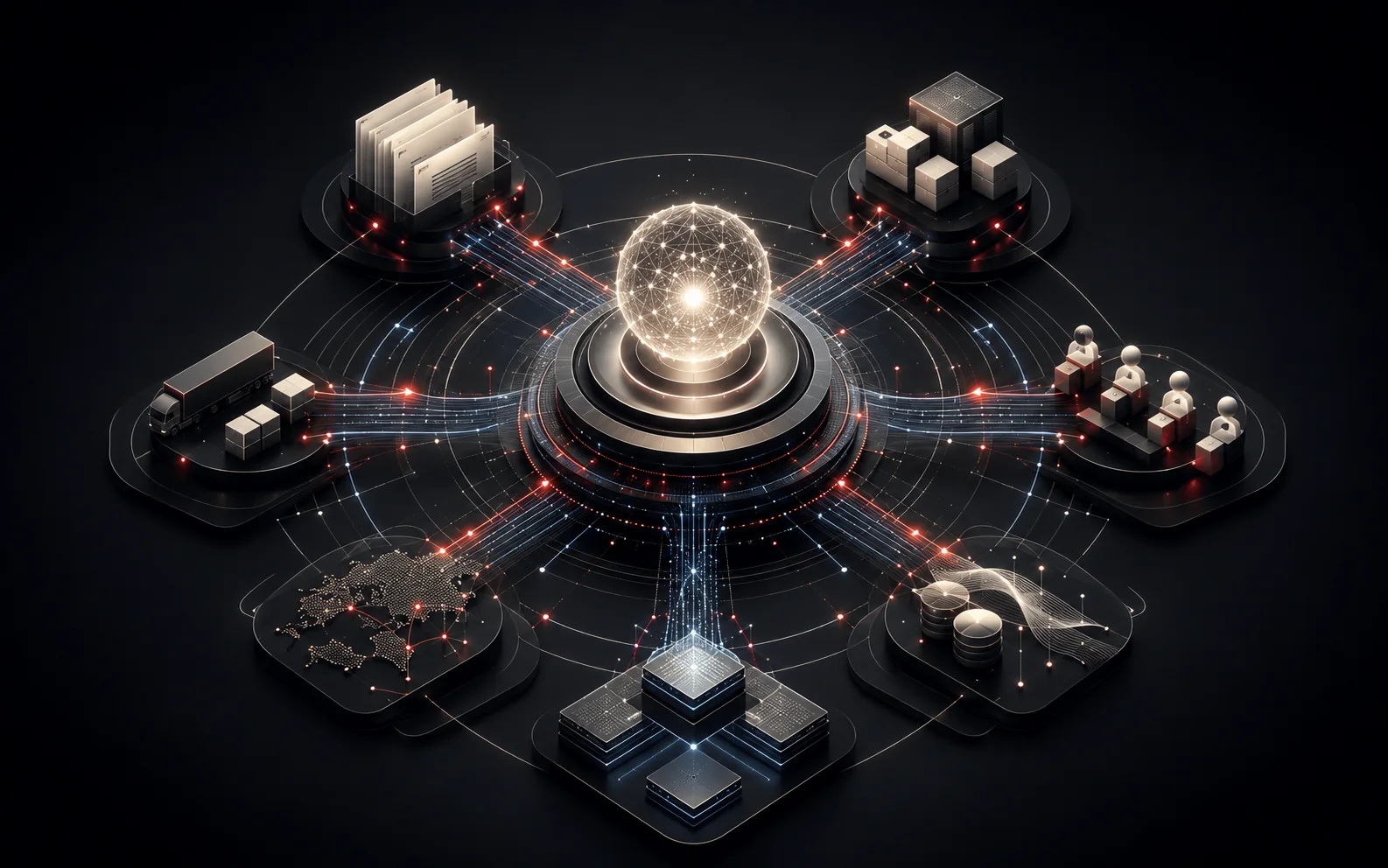 Central agentic AI system coordinating data, documents, service and supply chain operations