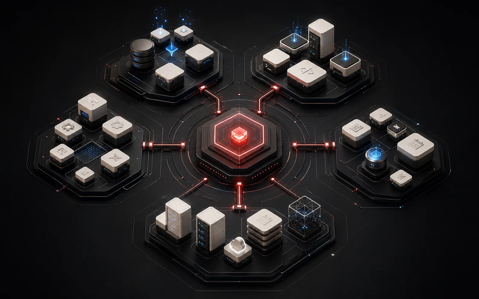 Categorized ecosystem of MCP servers connected through a central enterprise protocol hub